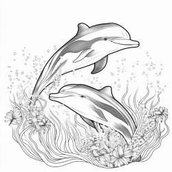 create a blackandwhite coloring page featuring playful dolphins swimming in the ocean the dolphins should have bold clear outlines with one jumping above the waves include details like swirling water patterns seaweed and small fish leaving ample space for easy coloring