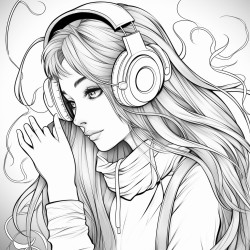 emo girl that has red end of her hair with gaming headphones listening to music on herphone