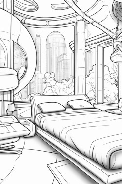 an expensive futuristic hotel room from the future with a bed and windows