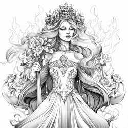 a worrier queen flames fire flowers long flowing clothes