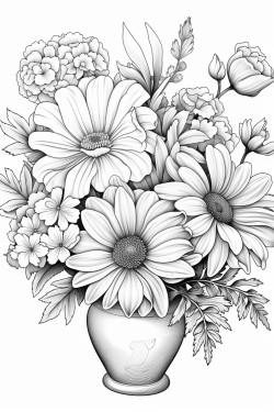 beautiful flowers of various shapes and sizes in a vase with a lot of details