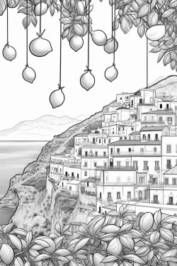 view of amalfi coast with 5 large lemons hanging in foreground