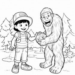 8 year old boy wearing overalls and a baseball cap in a garden handing a watermelon to a bigfoot