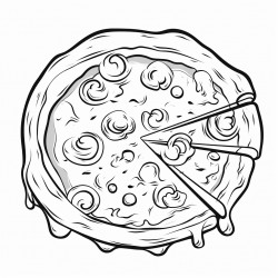 black and white coloring book drawing only thick outlines no grayscale for children in cartoon style pizza with toppings