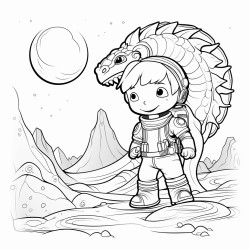 a brave astronaut exploring a mysterious planet with a giant dragon