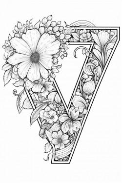 the letter v made into a coloring page with doodle flowers