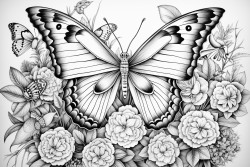 a complex labyrinth set in a garden with flowers and butterflies along the path