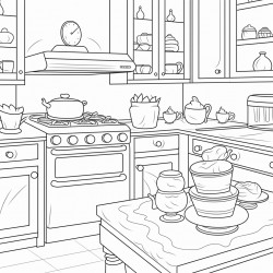 a kitchen with a cake dish on the counter