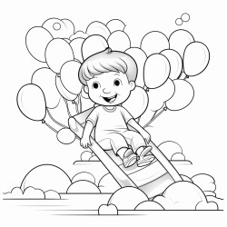child on slide with balloons