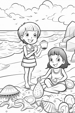 beach scene with sandcastles seashells and crabs and kids playing