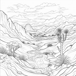 a desert scene with sand dunes and a distant oasis