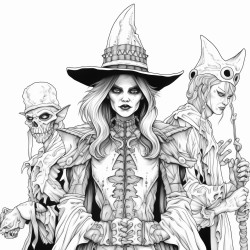 short female witch surrounded by three tall guys dressed in classic horror costumes