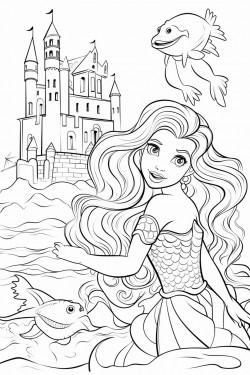 ocean mermaid and mermen with castle swimming and turtles coloring page