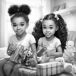 two little beautiful african american toddles with ponytails and bows playing with toys in a beautiful girly bedroom
