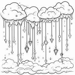 luminous sky with fluffy clouds raining down gems