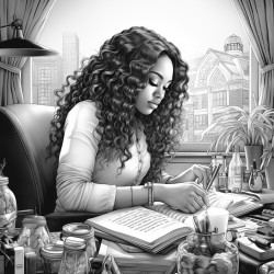black woman with long hair counting money in a luxury room