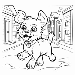 dog run between buildings bw white background