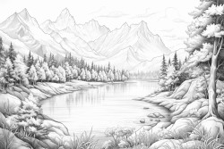 forest beside mountains and lake beside  house