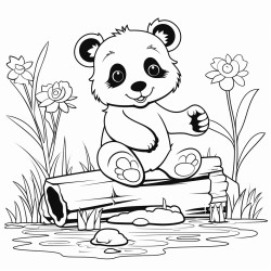 a baby panda sitting playfully on a small log in a serene pond