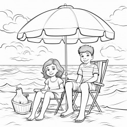 kids at the beach with their supplies by their chair under a umbrella