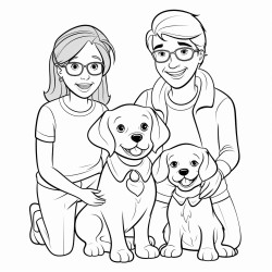 create a coloring page of a little girl with pigtail braids and glasses with her mom and dad and dog that is a beagle