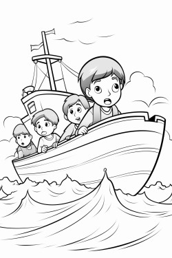 worried boys working in a big boat with a big storm
