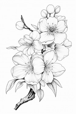 back and white no gradient no colour thick lines cherry blossoms