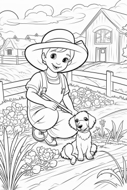 create a vibrant scene of a cheerful farm filled with various elements for kids to color the foreground features a friendly farmer wearing a straw hat smiling as they tend to a garden with colorful vegetables like carrots tomatoes and pumpkins nearby a playful puppy runs alongside a curious kitten