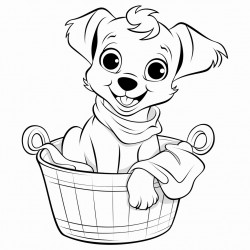 puppy playing in a laundry basket of clothes with washer and dryer in the background