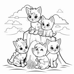 a bunch of cas on a rock in a holllow with four oaks around the hollow and 4 cats on the rock