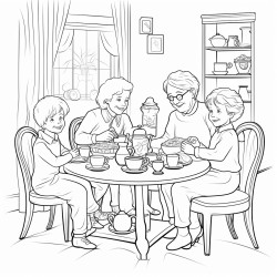 coloring page with grandparents drinking coffee and eating pastries in a cozy living room with their grandchildren