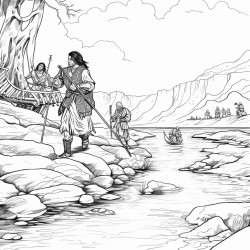 prompt native americans crossing a river on foot using a grapevine as a rope to keep them connected