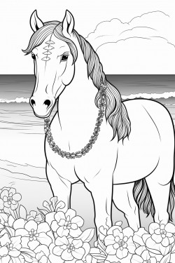 horse on beach with hawaiin leis