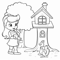 create a color sheet with a girl standing next to a tree with a birdhouse with a squirrel on it