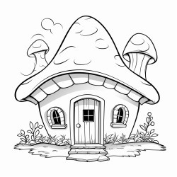 simple blackandwhite coloring page for children age 10 of a boleto mushroom with windows chimney door garden  niji 4