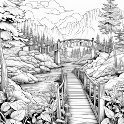 suspension bridge and the river at the forest