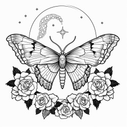 roses correlated with death moth in front of the moon