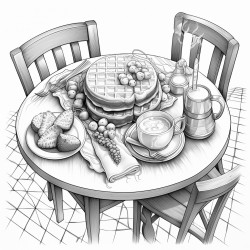 topdown view of a cafe table featuring coffee pancakes sparkling wine and waffles