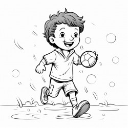cute boy playing football in rain