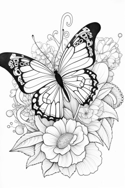 a floral design with large butterfly