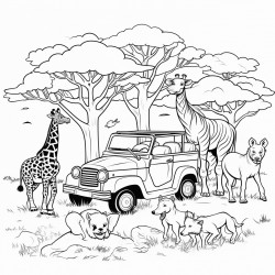 a lively safari scene with a jeep include animals like lions zebras elephants and giraffes with acacia trees