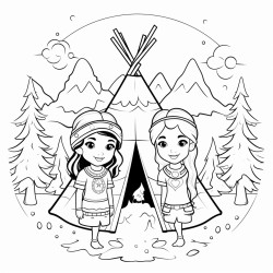 girls inside teepee in forest few pine trees  with mountains in background clouds in sky show faces of girls