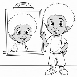 a cheerful illustration of a black child holding a mirror and smiling at their reflection