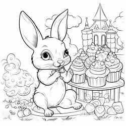 female rabbit eating a cupcake in a park