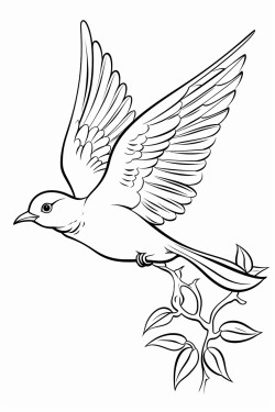 black and white image of flying bird for coloring book