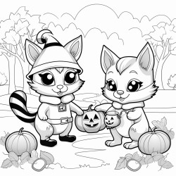 a cozy cute scene of 2 animal friends trickortreating on halloween