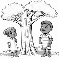 professional sketch drawing of african boy and a girl chlid with friend are watching the trees grow in forest
