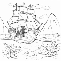 treasure in a beach with pirate boats sailing in a lake behind