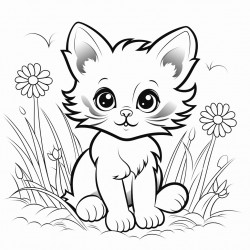 a playful kitten with big round eyes fluffy fur and tiny paws sitting in a field of flowers