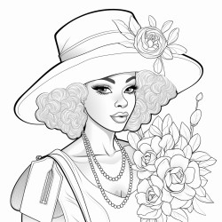 african american woman in fall clothes with pocketbook hat jewelry flowers and makeup
